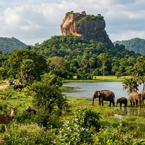 Elephants and a deer in a green field near a rocky fortress and white stupa with tourists in jeeps