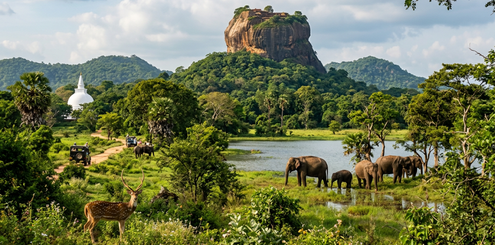 Elephants and a deer in a green field near a rocky fortress and white stupa with tourists in jeeps