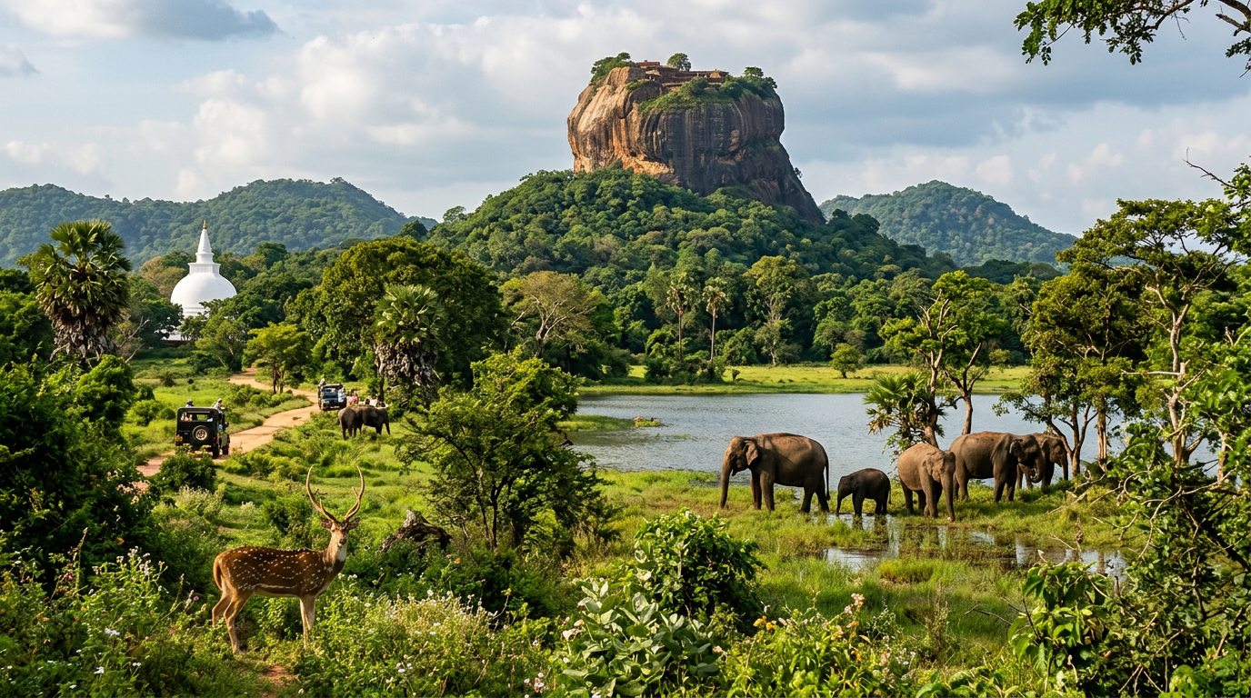 Elephants and a deer in a green field near a rocky fortress and white stupa with tourists in jeeps