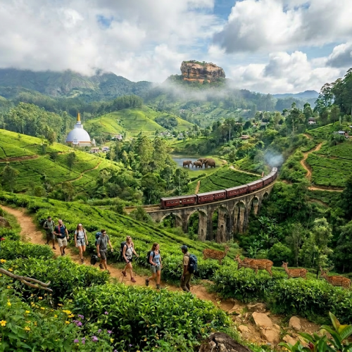 Hikers walking on a trail in green hills with a vintage train crossing a stone viaduct bridge