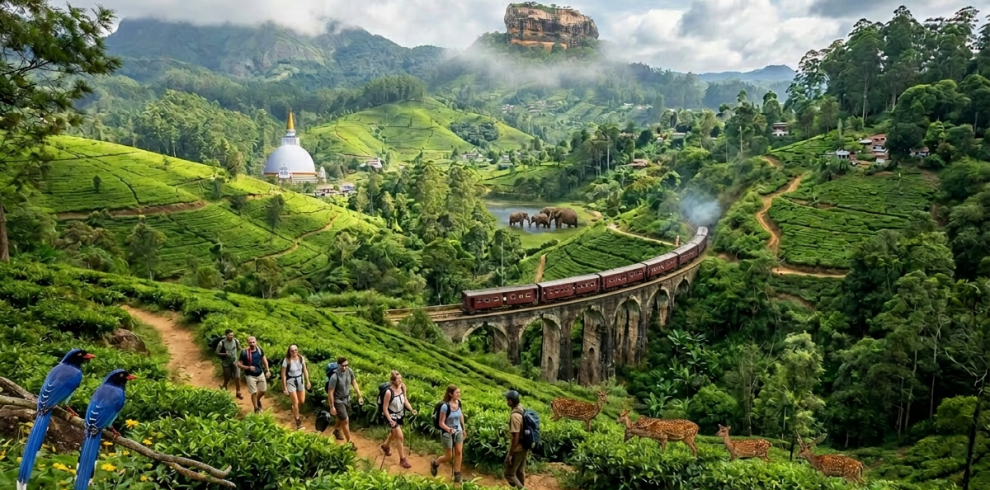 Hikers walking on a trail in green hills with a vintage train crossing a stone viaduct bridge