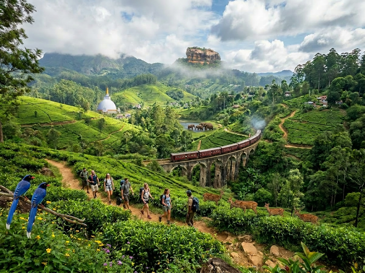 Hikers walking on a trail in green hills with a vintage train crossing a stone viaduct bridge