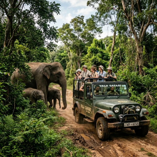 Jeep with tourists on Yala Safari observing elephants in dense green forest