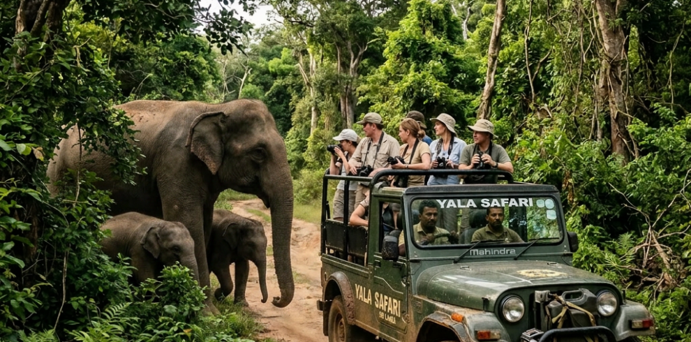 Jeep with tourists on Yala Safari observing elephants in dense green forest