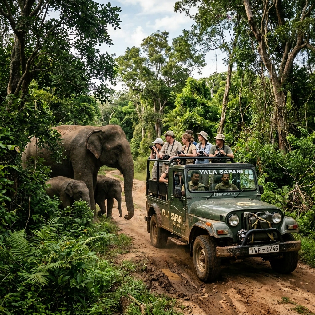 Jeep with tourists on Yala Safari observing elephants in dense green forest