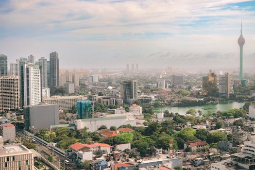 Stunning aerial view of Colombo's skyline featuring the iconic Lotus Tower and surrounding architecture.