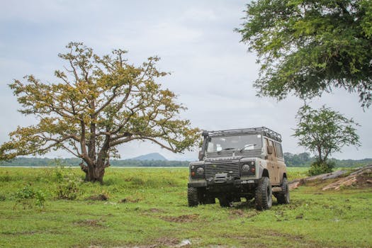 Explore the wilderness of Sri Lanka with a rugged Land Rover amidst lush greenery and open fields.